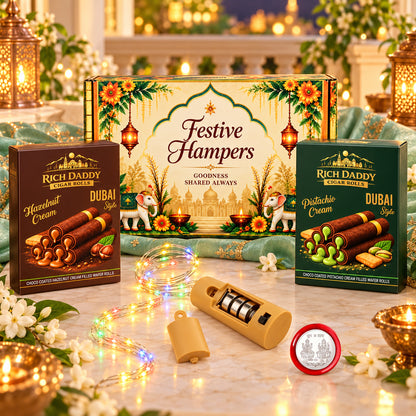 Multicolour Copper Wire Lights & Hazelnut + Pistachio Wafer Rolls Festive Gift Hamper