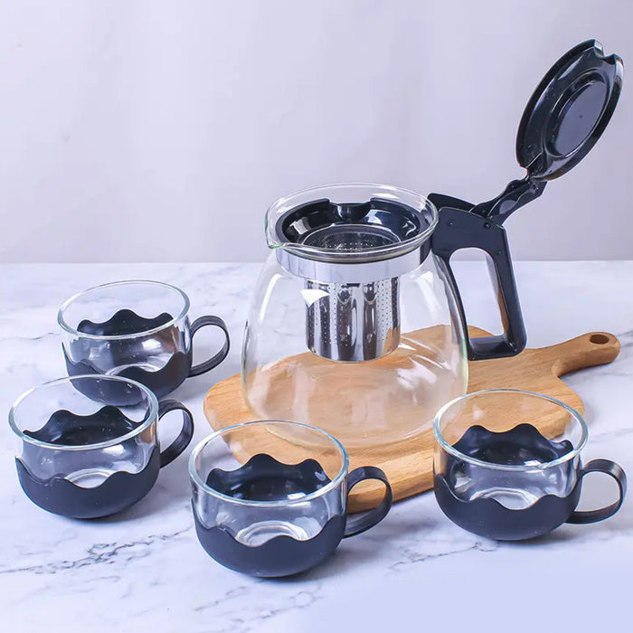 5886 Flame Proof Glass Kettle & Cup  Set With Stainer High Quality Kettle Set For Home & Cafe Use  (4 Cup & 1 Kettle) (24 Pc Moq)