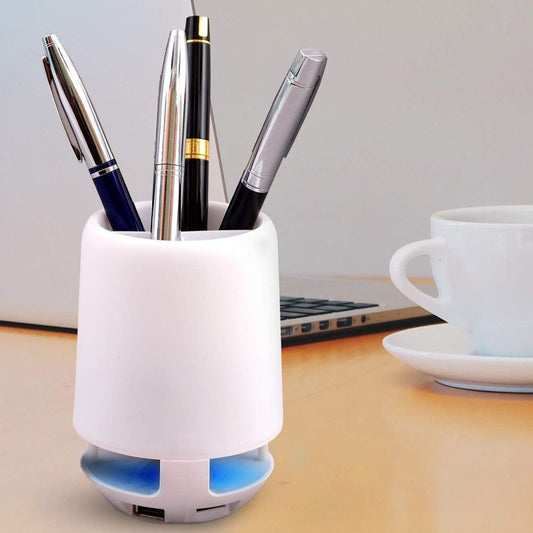 Multifunctional 4-Compartment Pen Holder with 5W Bluetooth Speaker & Smart Color-Changing Desk Lamp