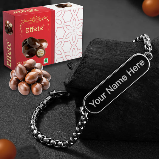 Personalized bracelet with heart charm and a gourmet chocolate bar, presented as a thoughtful gift combo.