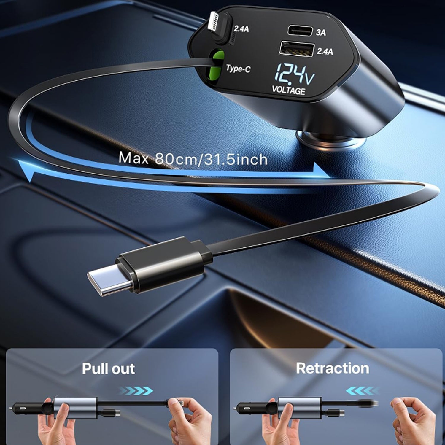 4-in-1 Super Fast Car Charger with Dual Built-In Cables, Dual USB Ports,