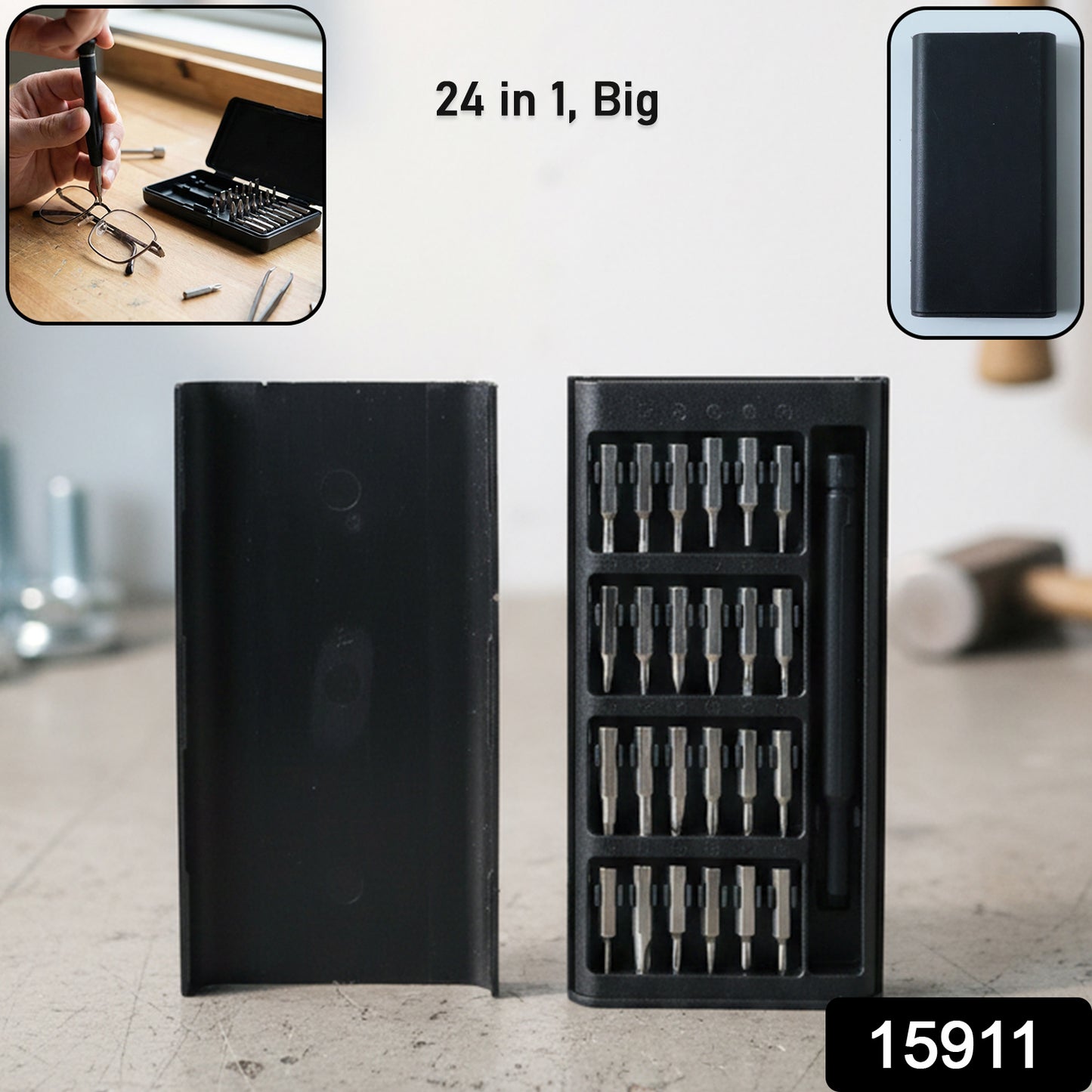Precision screwdriver set arranged neatly with larger ergonomic handle