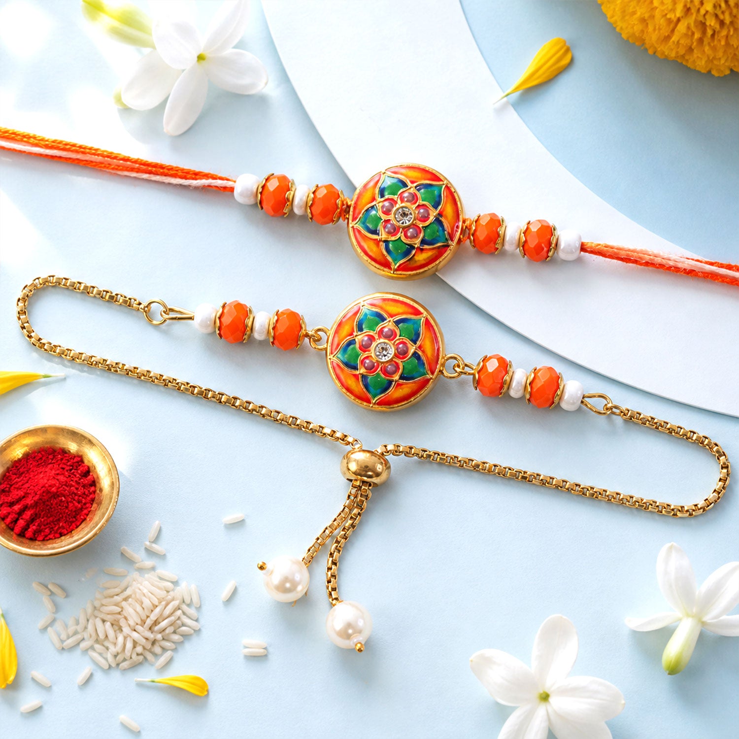 Round Meenakari Floral Mandala Crystal Pearl Beads Bhai Bhabhi Rakhi Lumba Set