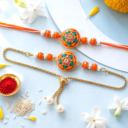 Round Meenakari Floral Mandala Crystal Pearl Beads Bhai Bhabhi Rakhi Lumba Set