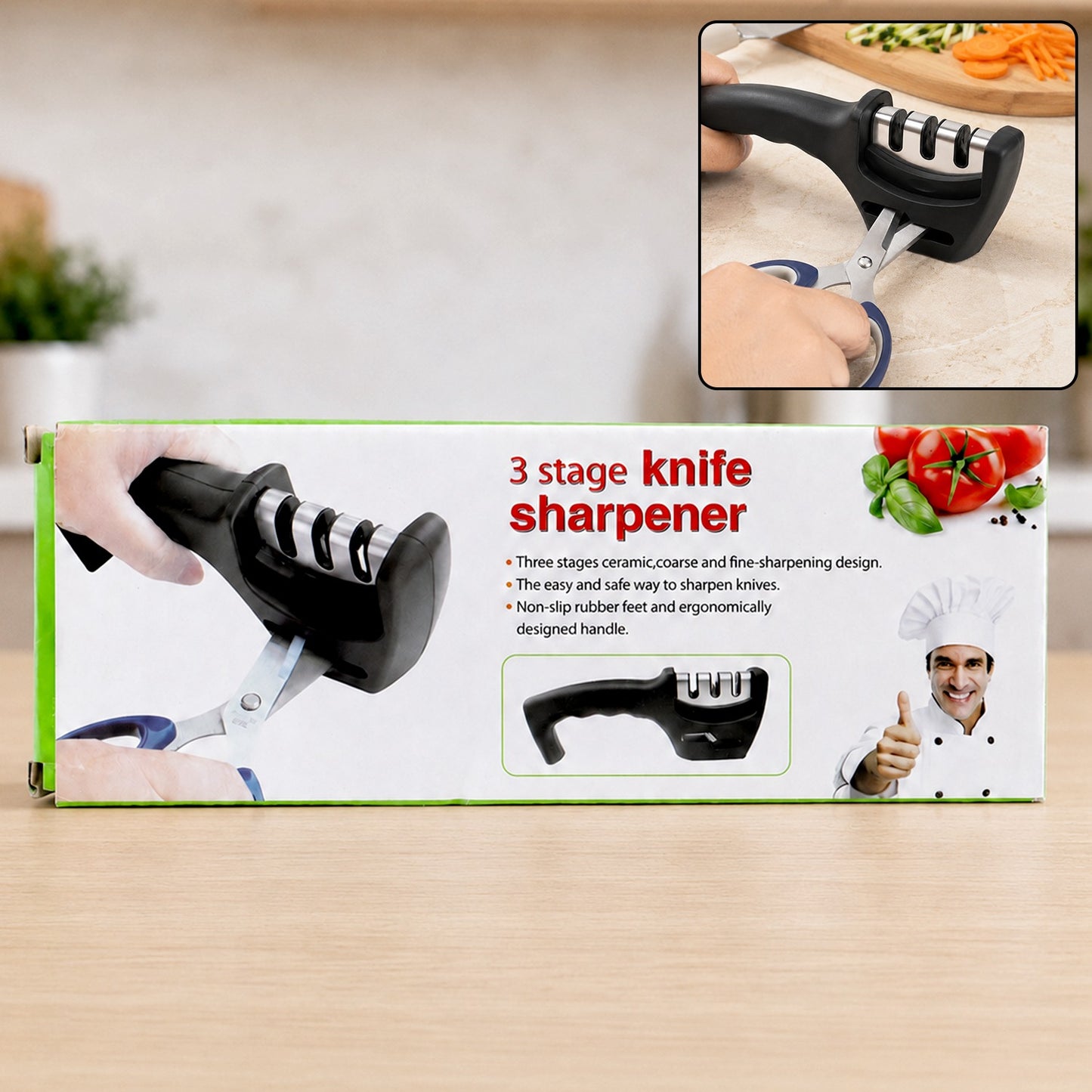 Three Stage Manual Knife Sharpener for Effortless Blade Restoration