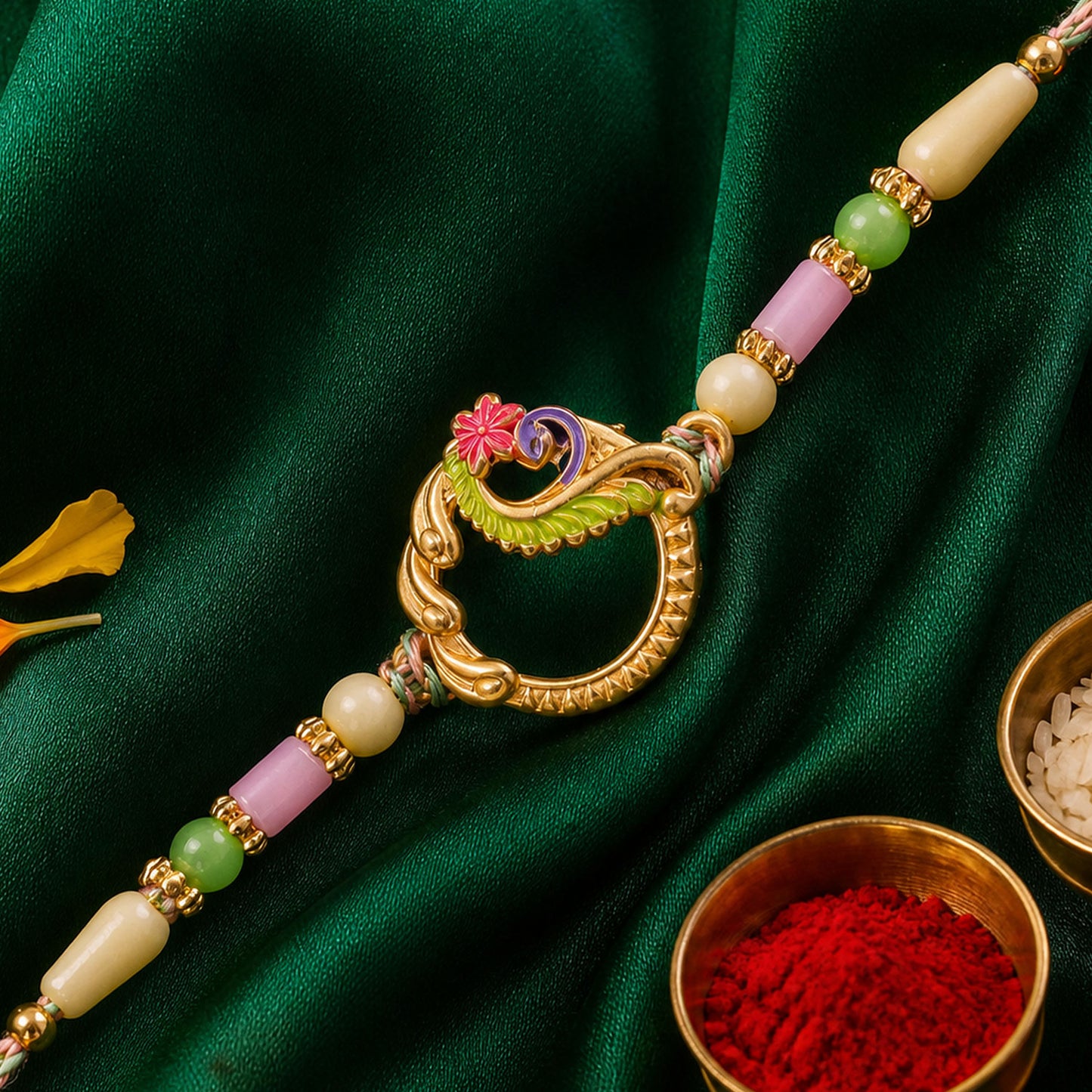 Golden Circular Rakhi with Pink Green Beads and Refined Festive Brother Gift Appeal