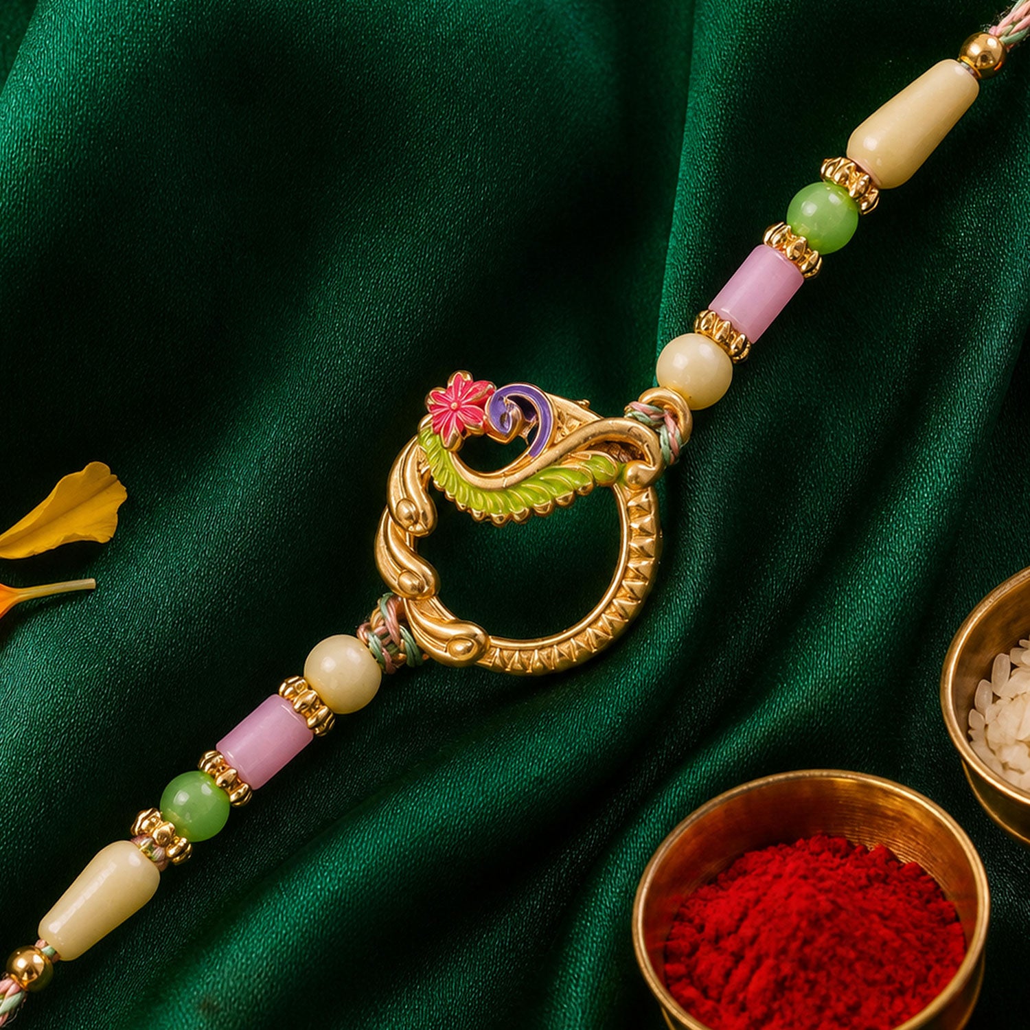 Golden Circular Rakhi with Pink Green Beads and Refined Festive Brother Gift Appeal