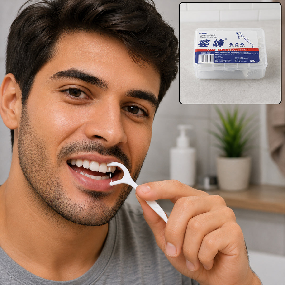 2 in 1 dental floss toothpick stick in use