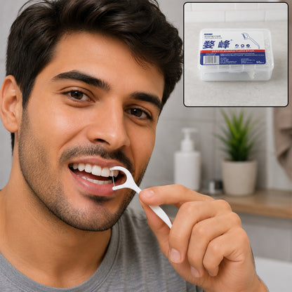 2 in 1 dental floss toothpick stick in use