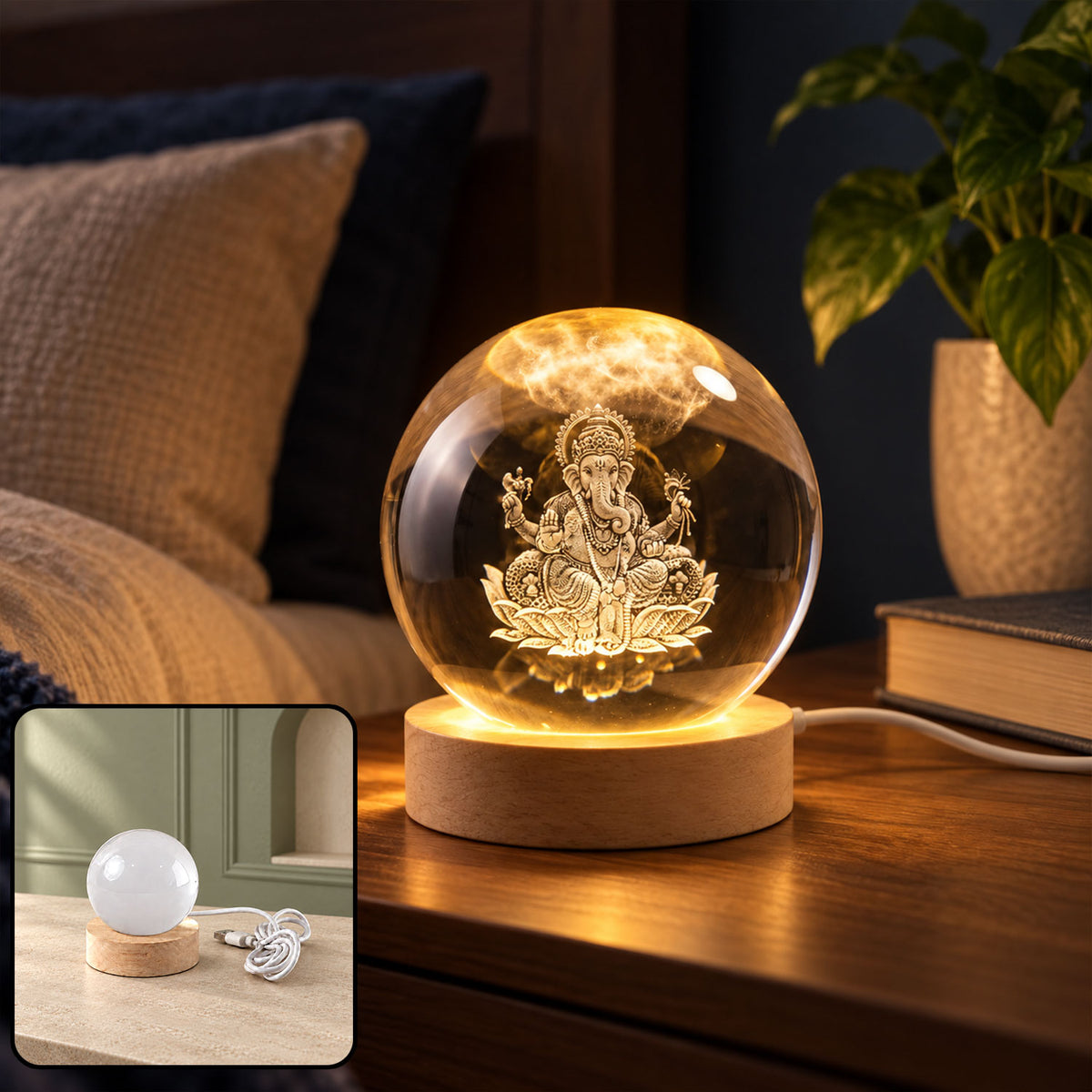 Ganesh engraved crystal ball lamp on wooden LED base