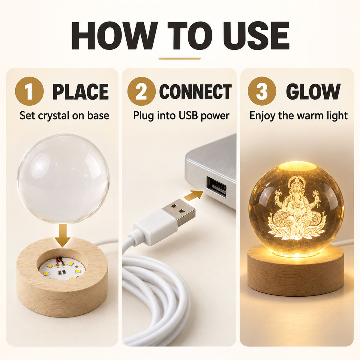 Place crystal ball on base and connect USB cable
