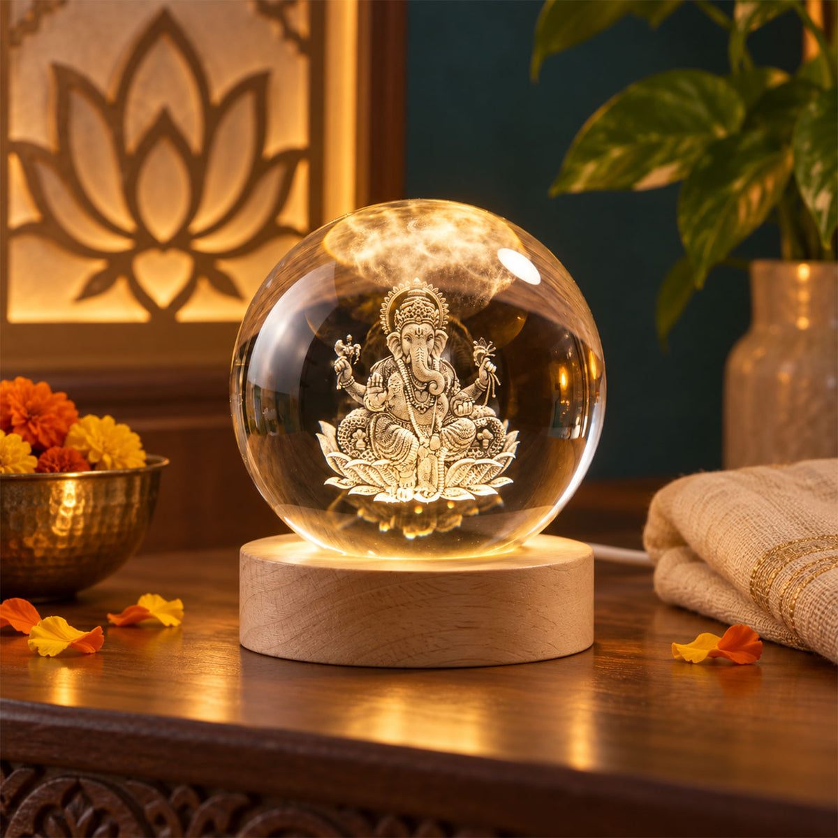 Ganesh crystal lamp in a decorative home setting