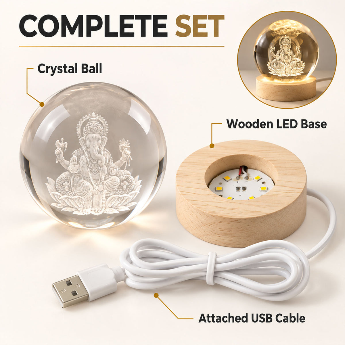 Crystal ball, wooden LED base and attached USB cable