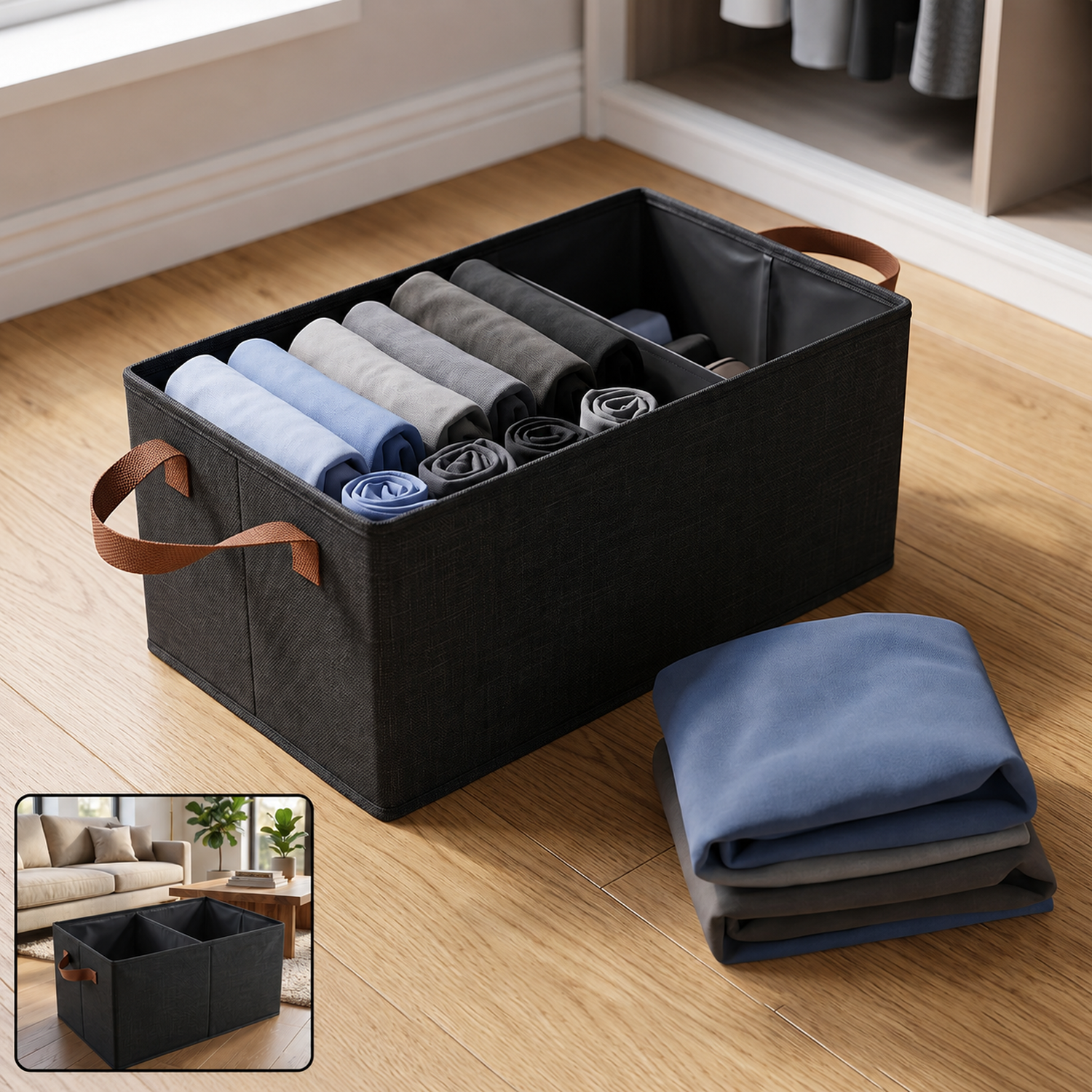 Foldable Cloth Storage Basket with Handle, Collapsible Clothes Organizer (1 Pc / 47x28 Cm)