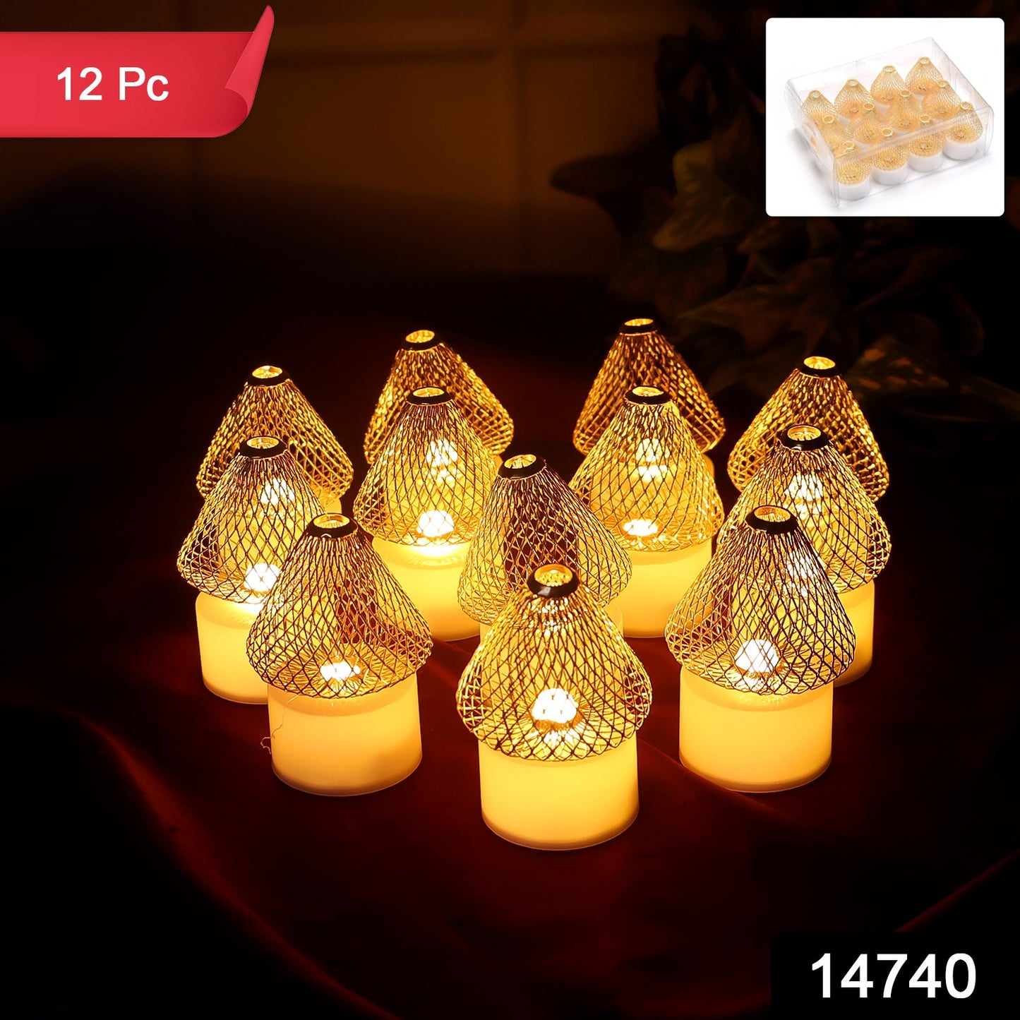 Set of 12 Decorative LED Flameless Candle Lights with Golden Net Cover
