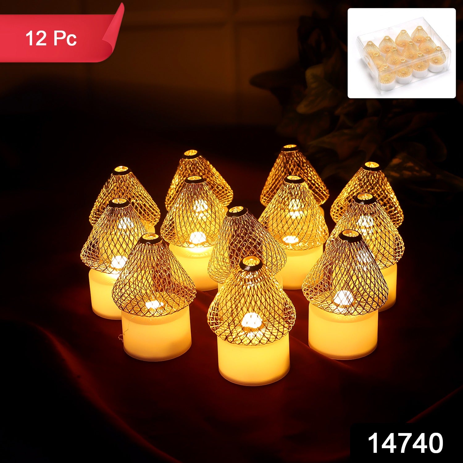 Set of 12 Decorative LED Flameless Candle Lights with Golden Net Cover