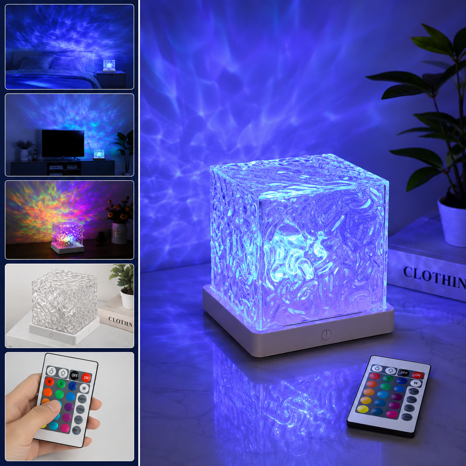 A composite image showing a crystal cube lamp projecting blue and multicolored ripples in various room settings, with a