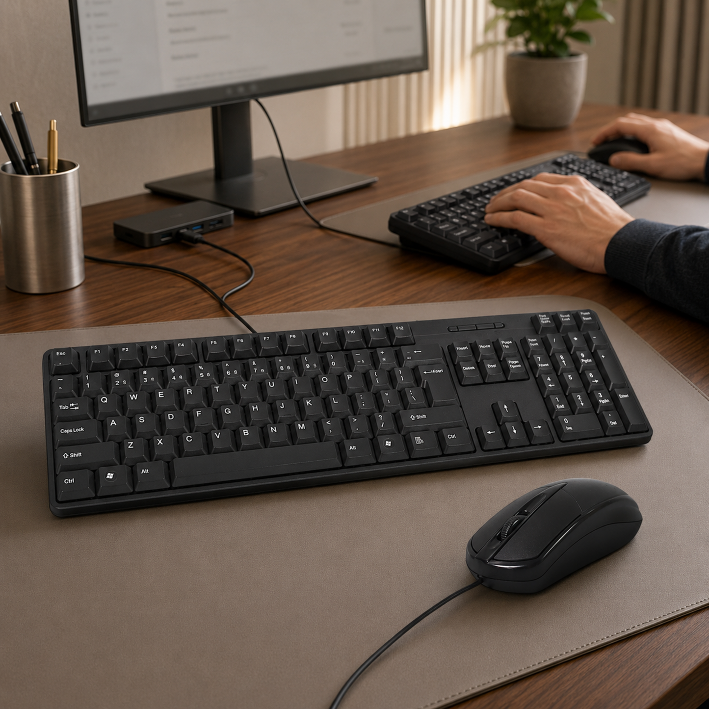 A person types on a black wired keyboard next to a wired mouse on a brown desk with a monitor.