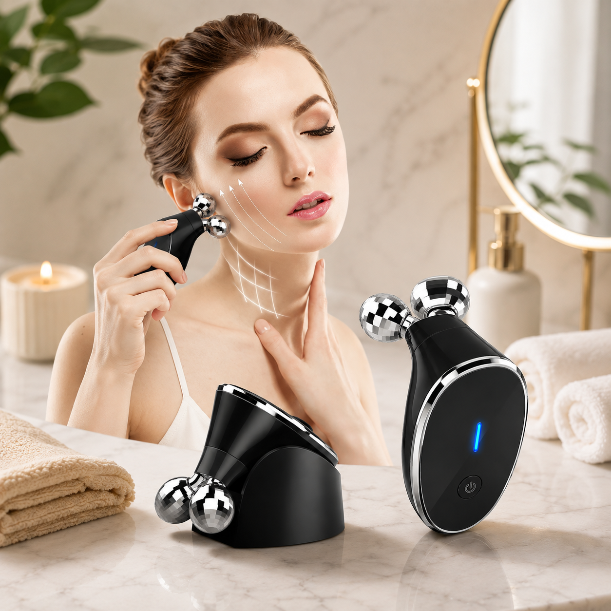 A woman uses a black and silver microcurrent face massager on her cheek, with two more devices on a marble counter.