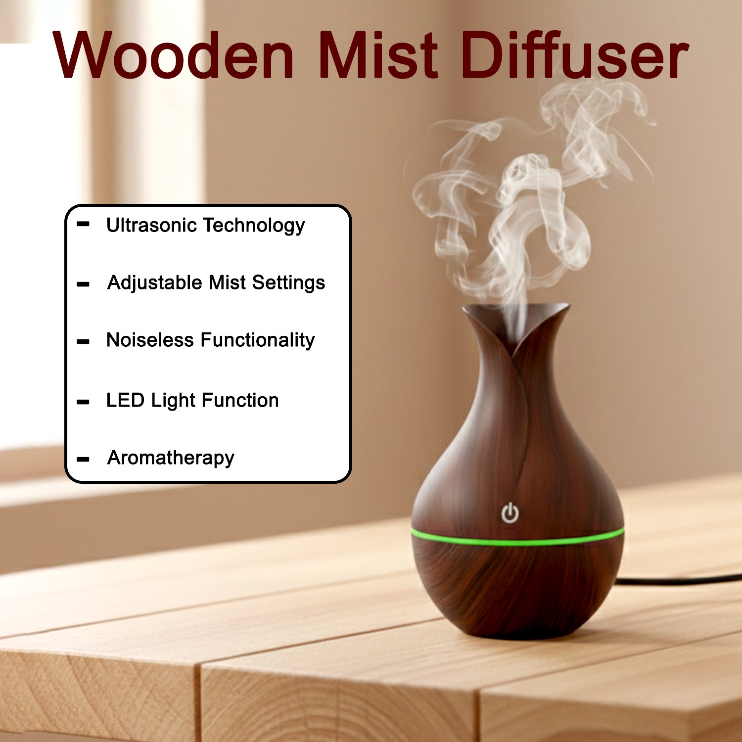 Mini Wooden Vase Pot Diffuser Cool Mist Atomization Humidifier (1 Pc)