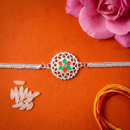 Silver floral designer Rakhi bracelet with decorative beads
