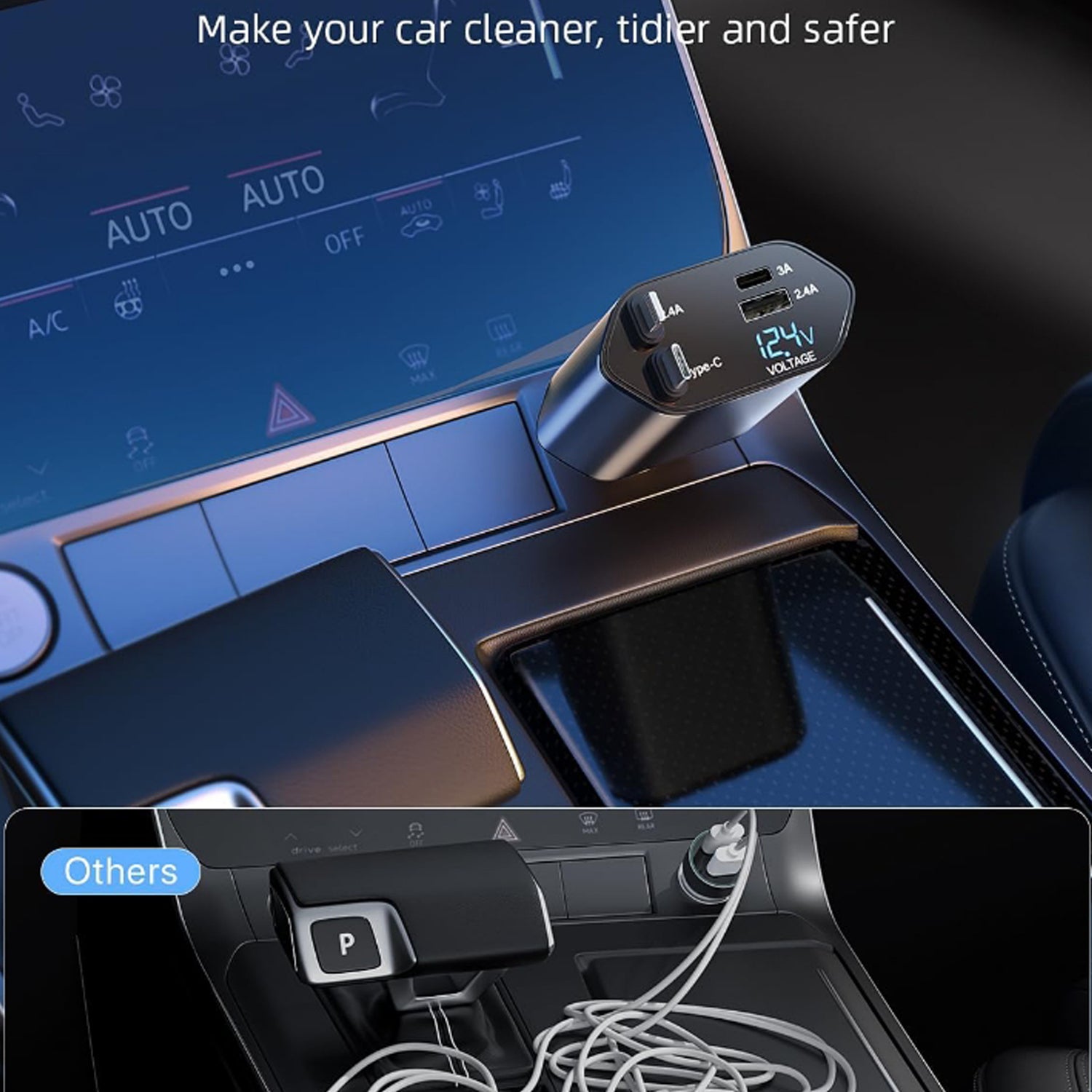 4-in-1 Super Fast Car Charger with Dual Built-In Cables, Dual USB Ports,