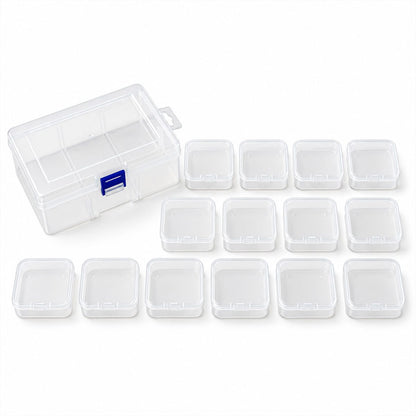 A clear plastic storage box with a blue clip and its lid closed, alongside twelve empty clear square mini cases arranged