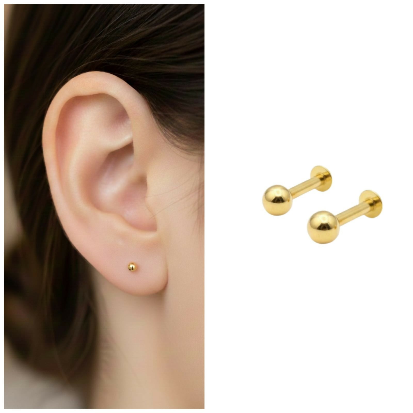 Gold Flat Back Stud Earrings Small Gold Ball Labret combo pack Of 2
