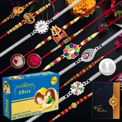 Rakhi Gift Set of 10 for Brother – Assorted Designer Rakhis with Choco Coated Butterscotch, Silver Coin, Roli Chawal & Greeting Card