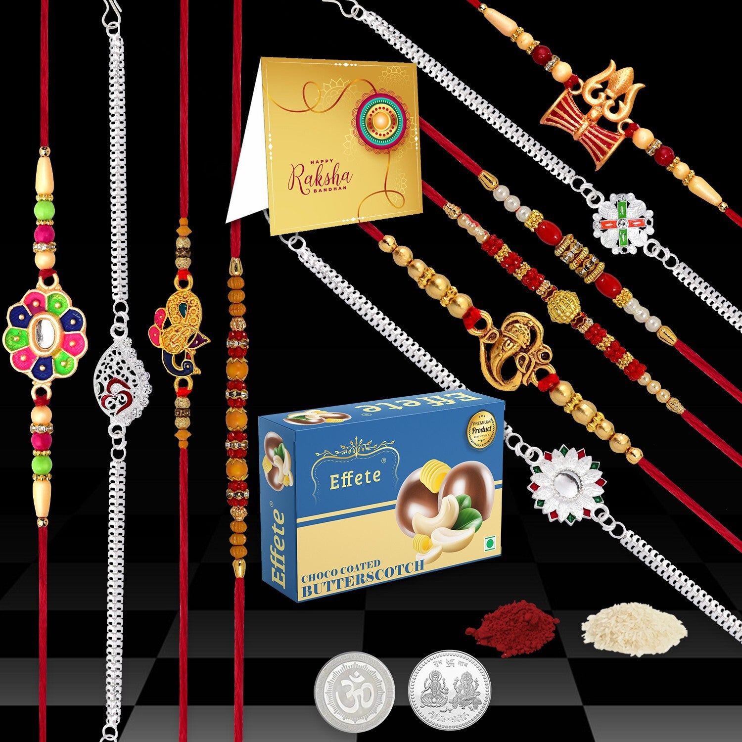 Designer 10 Rakhi Combo Gift Set for Brother with Choco Coated Butterscotch , Silver Coins, Tilak Set & Greeting Card