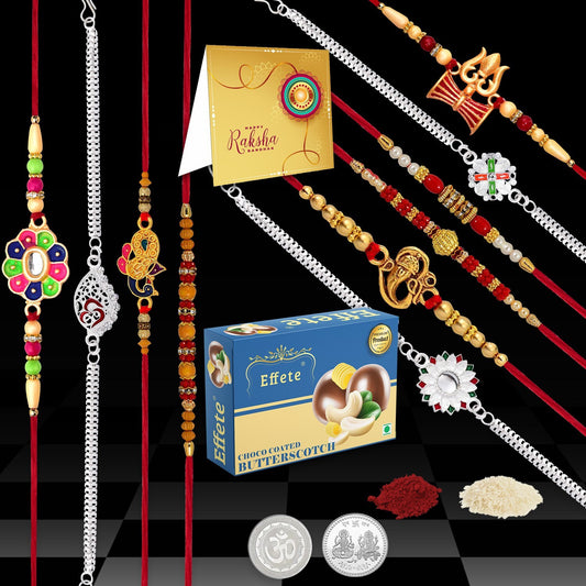Designer 10 Rakhi Combo Gift Set for Brother with Choco Coated Butterscotch , Silver Coins, Tilak Set & Greeting Card