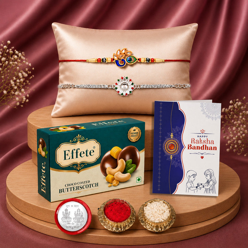 DeoDap Designer Rakhi Combo Gift Set for Brother | Butterscotch 32Gm | Chocolate