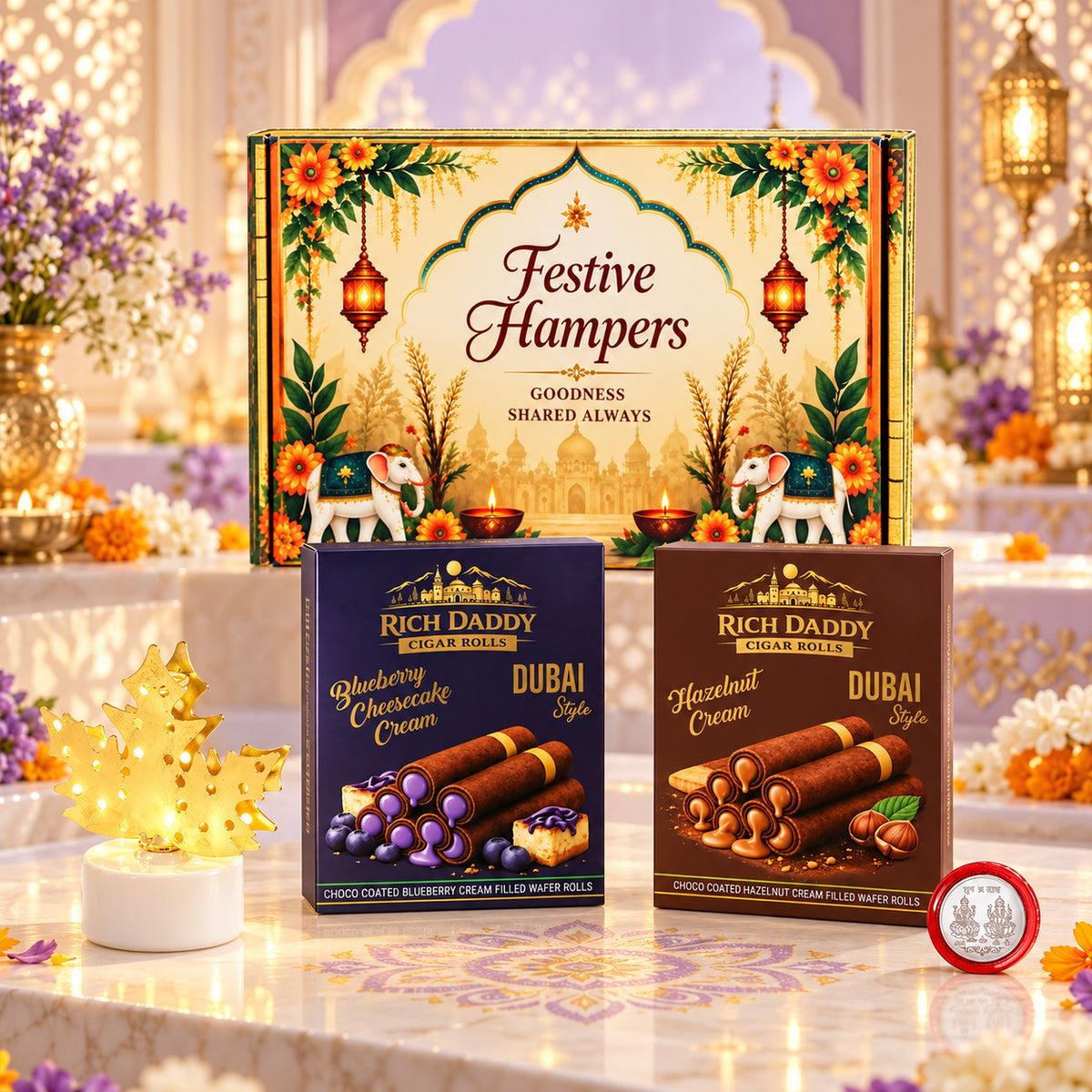 LED Maple Leaf Diya Lamp & Blueberry Cheesecake + Hazelnut Wafer Rolls Festive Gift Hamper