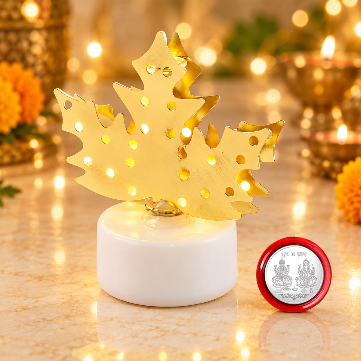 LED Maple Leaf Diya Lamp & Biscolata + Pistachio Wafer Rolls Festive Gift Hamper