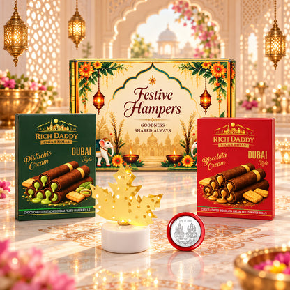 LED Maple Leaf Diya Lamp & Biscolata + Pistachio Wafer Rolls Festive Gift Hamper
