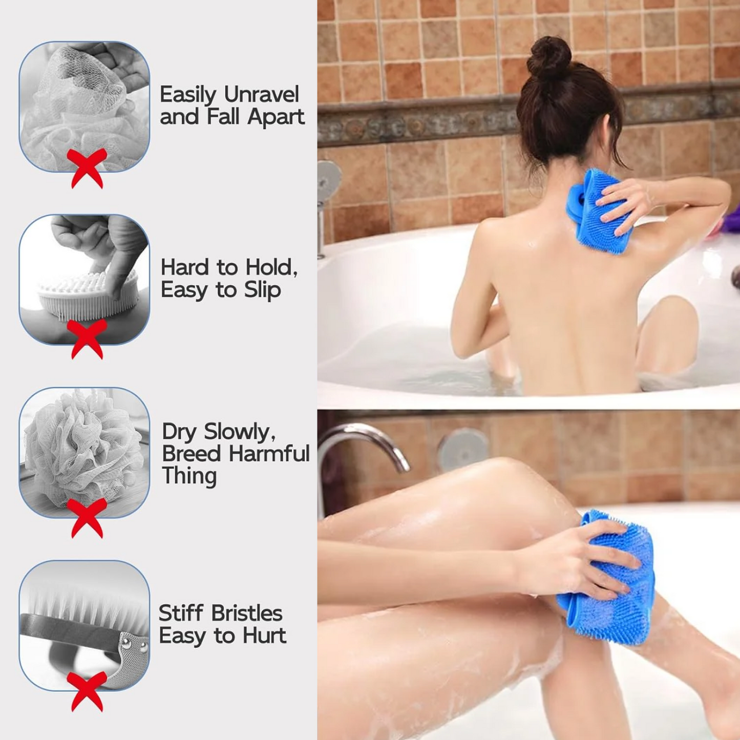 सिलिकॉन बॉडी बैक स्क्रबर डबल साइड बाथिंग ब्रश त्वचा की गहरी सफाई के लिए, स्क्रबर बेल्ट