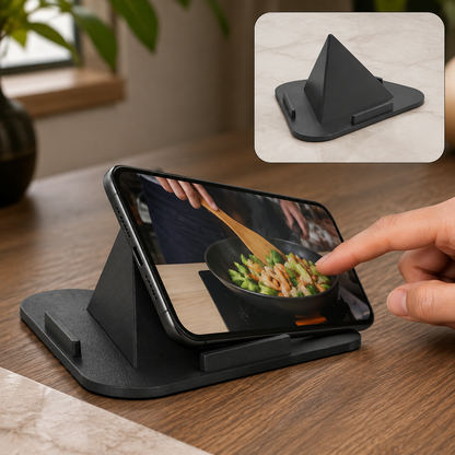 A black pyramid-shaped mobile stand holds a smartphone displaying a cooking video, with a hand touching the screen.
