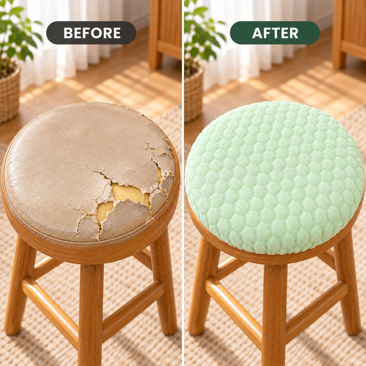 Side-by-side comparison of a stool with a damaged seat and the same stool with a new light green cushion cover.