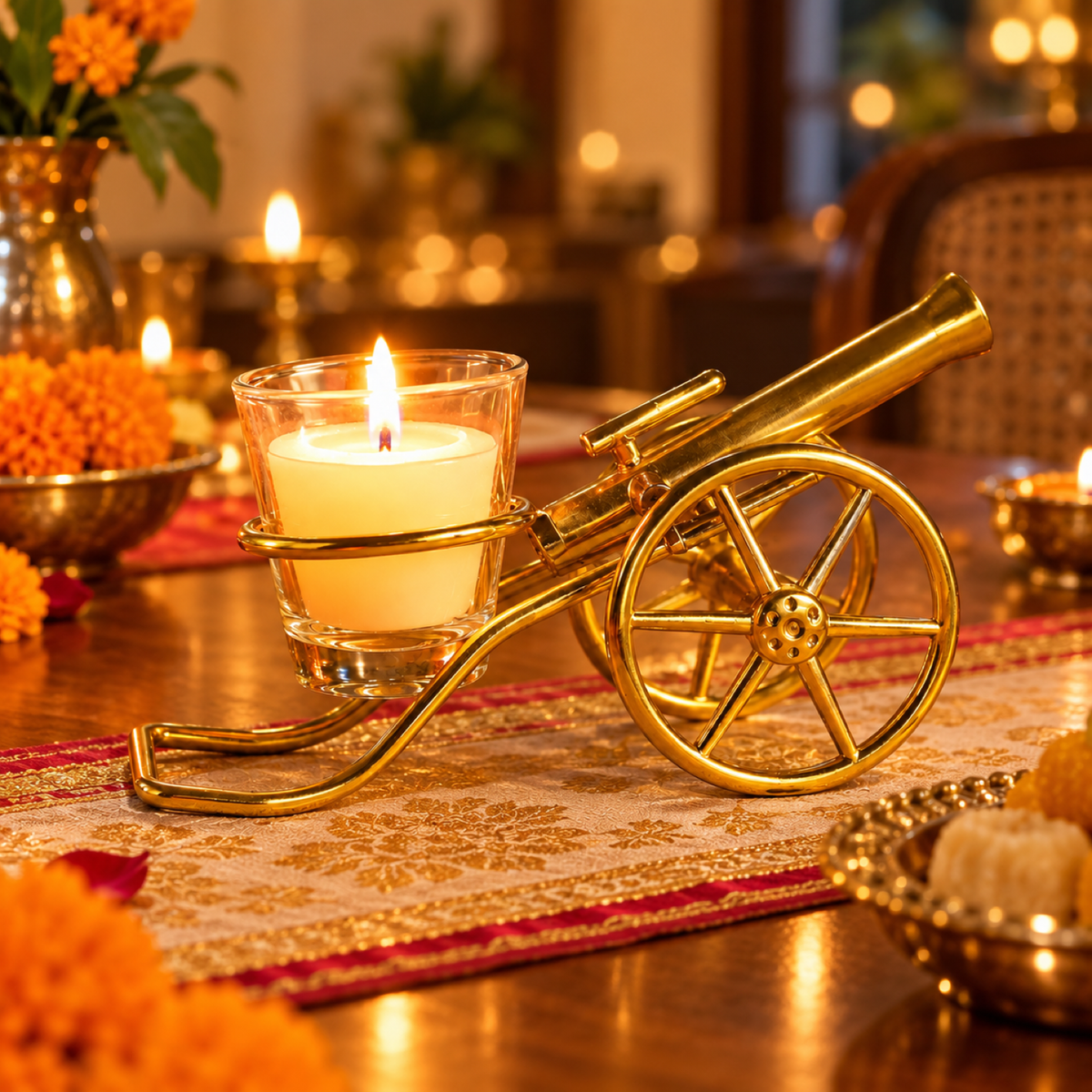 A golden metal cannon-shaped tealight holder with a lit candle, on a festive table runner with marigolds.
