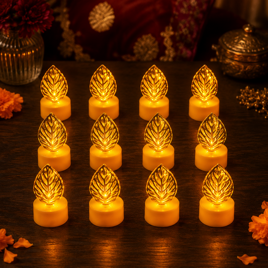 Leaf Shaped Flameless LED Candles – Elegant Decorative Set of 12