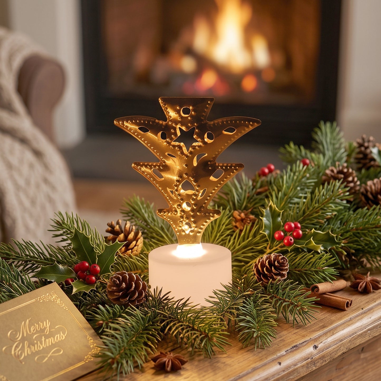 Golden Christmas tree LED tealight candle festive decor view