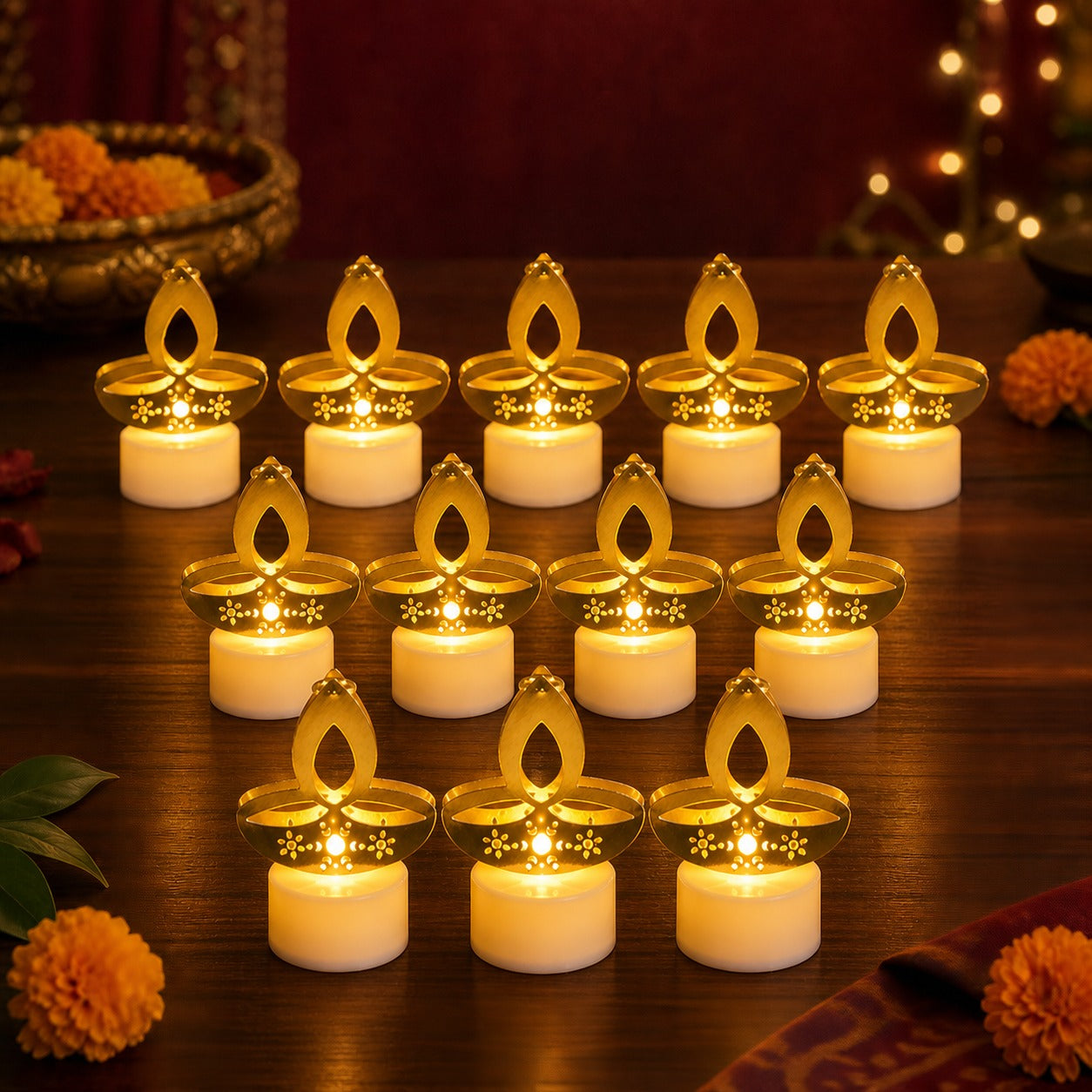 Golden Diya LED Tealight Candles – Safe Flameless Decor Set of 12
