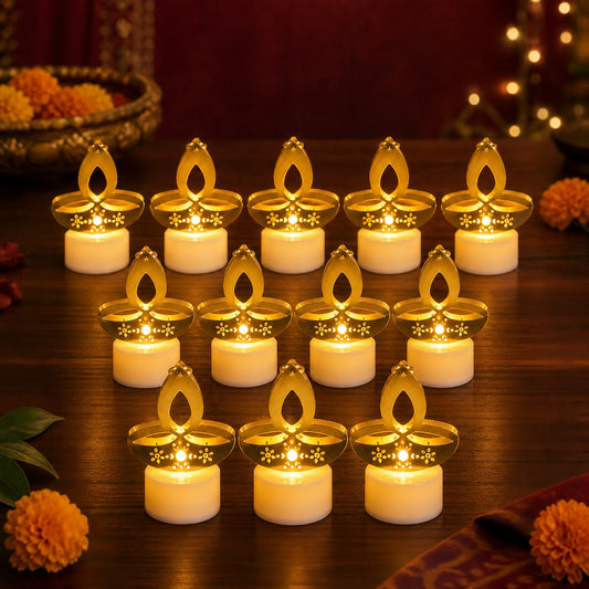 Golden Diya LED Tealight Candles – Safe Flameless Decor Set of 12