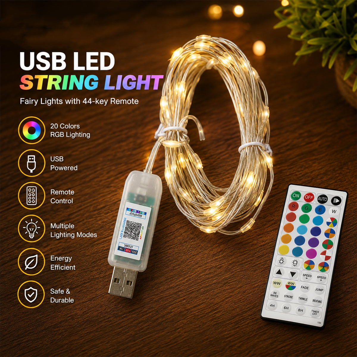 LED string light features and remote view