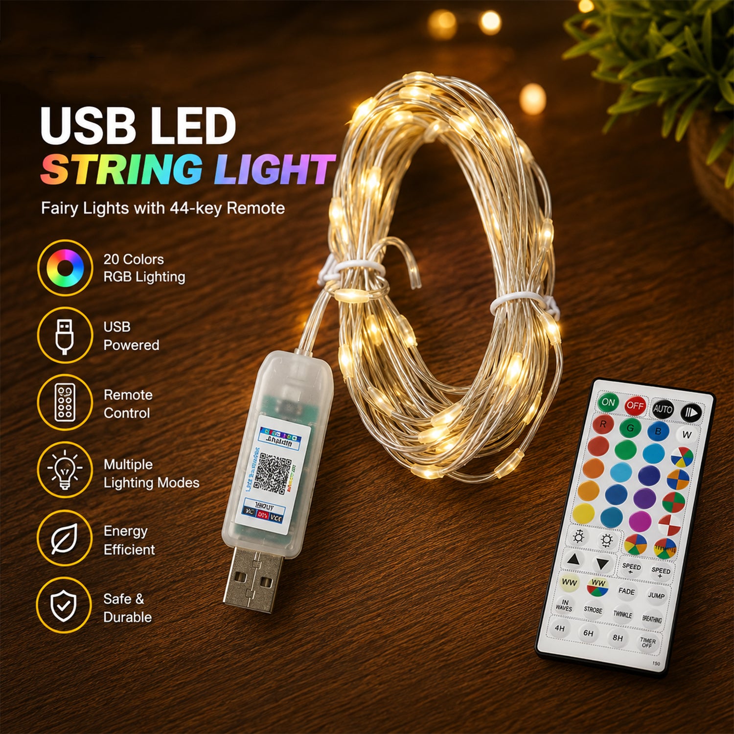 LED string light features and remote view