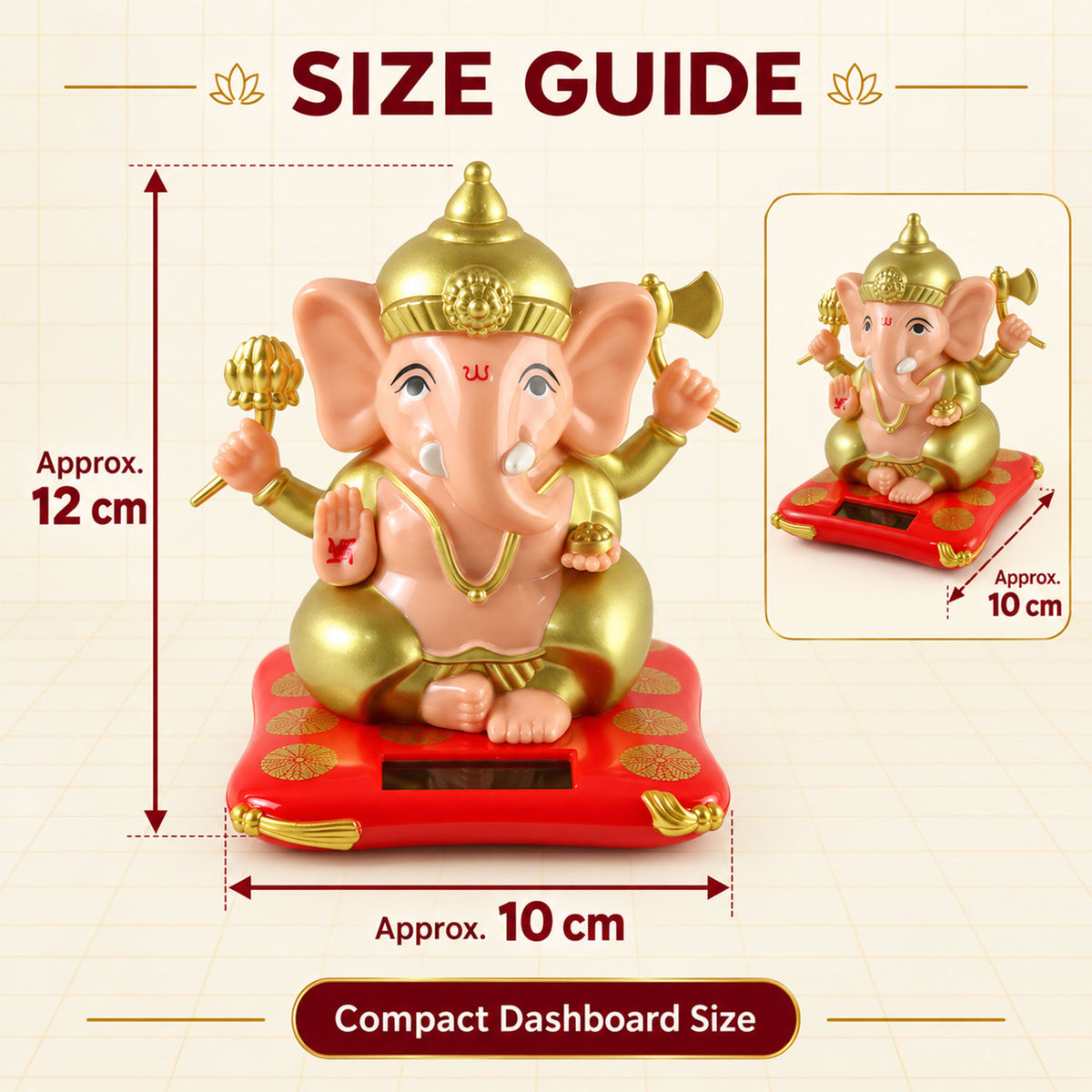 A peach and gold Ganesha idol on a red cushion, with a size guide indicating its dimensions.