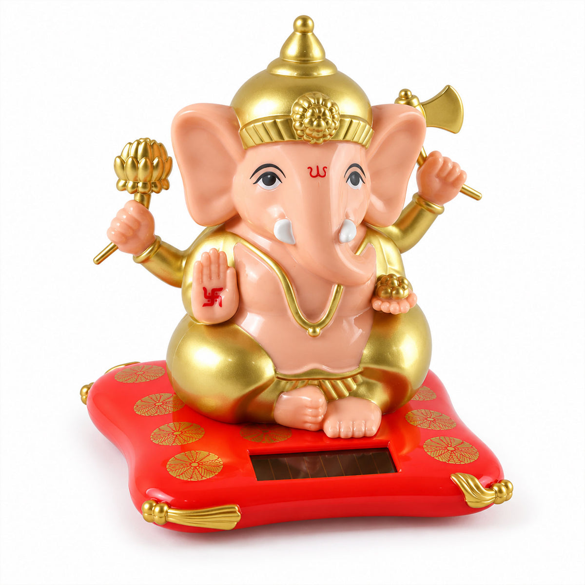 A peach and gold Ganesha idol on a red cushion with a solar panel, shown on a white background.