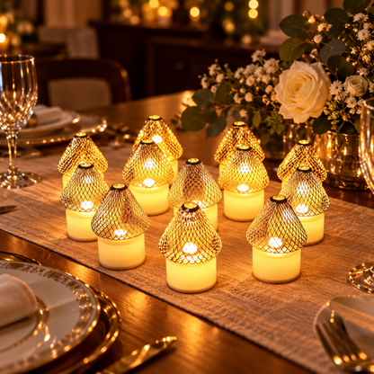 Set of 12 LED flameless candles with golden net covers