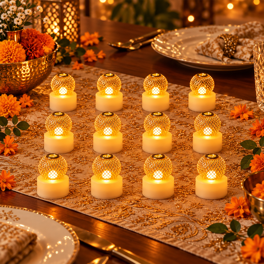 Twelve illuminated gold mesh LED tealights on a patterned table runner with flowers and lanterns.