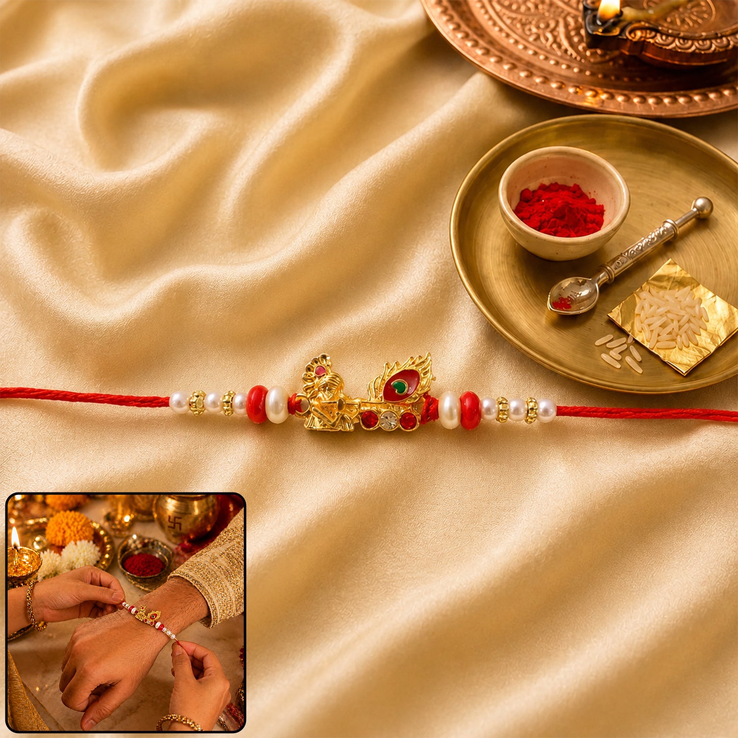 Krishna Mor Pankh Rakhi with Red Pearls and Festive Gold Charm